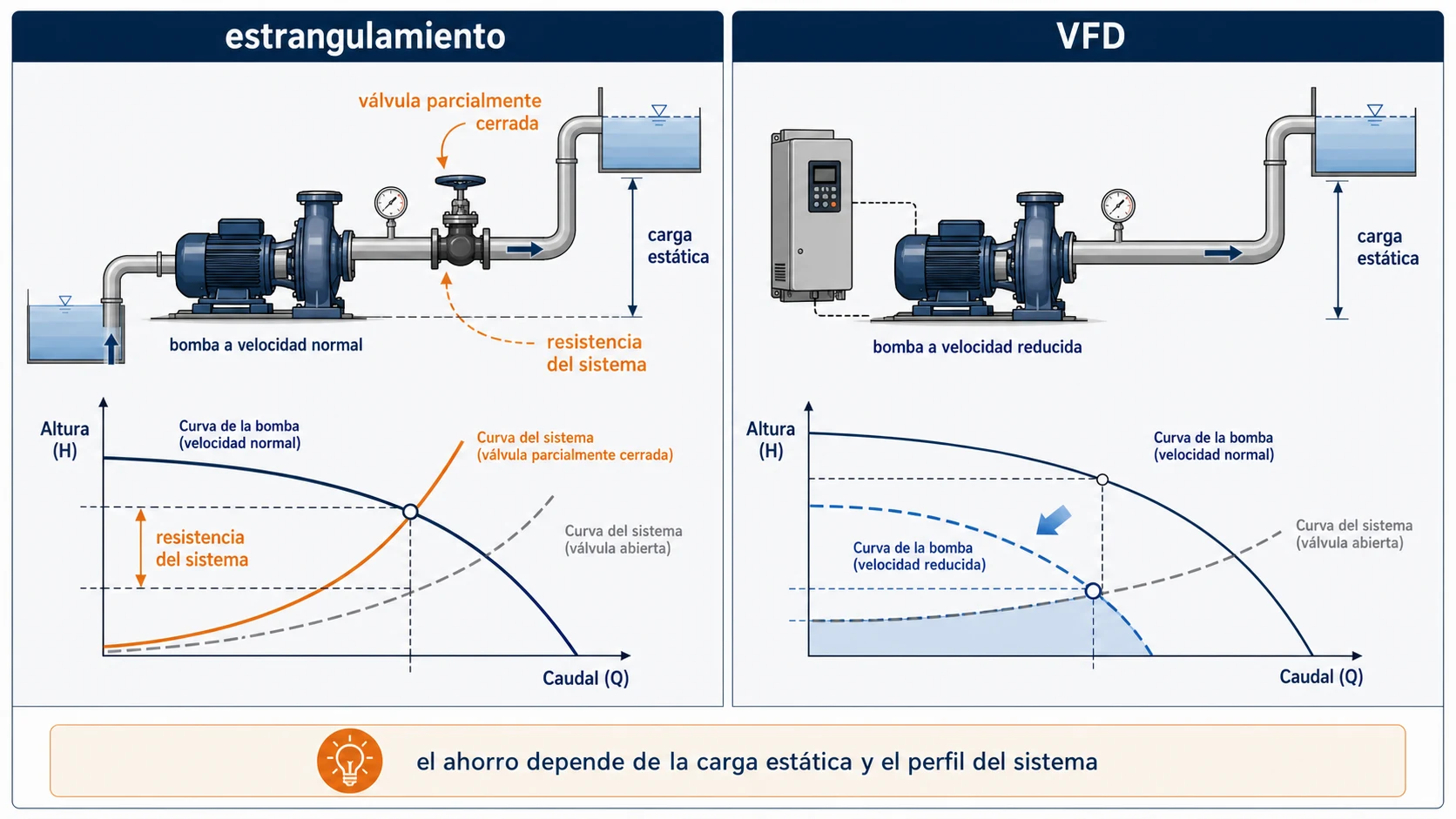 Comparación conceptual entre control por estrangulamiento y control de velocidad con VFD