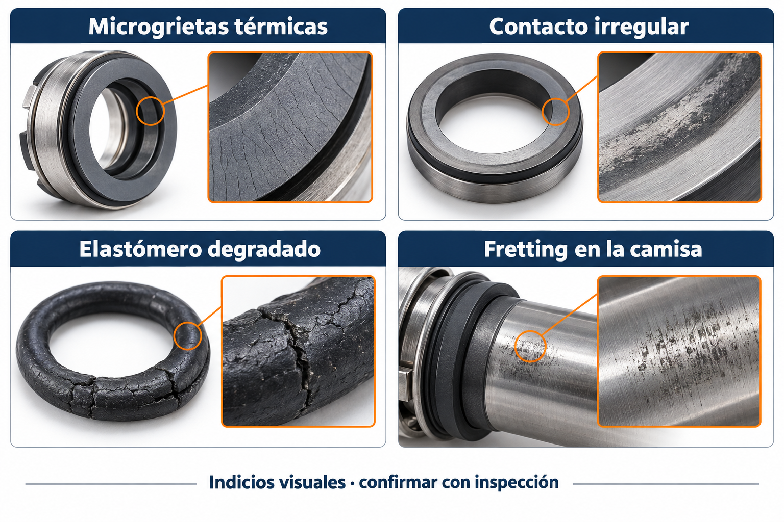 Infografía con cuatro indicios orientativos de daño en un sello mecánico: microgrietas térmicas, contacto irregular, degradación del elastómero y fretting en el contacto secundario con la camisa