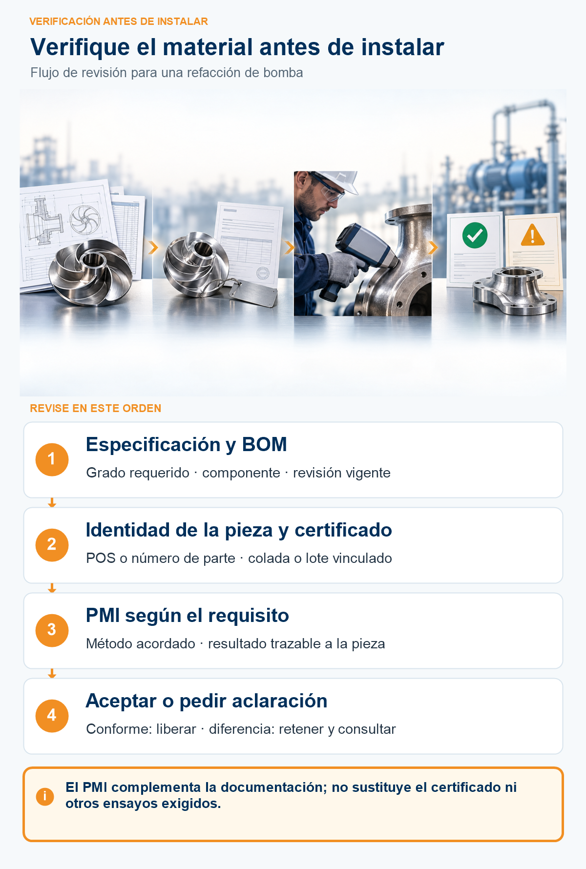Diagrama ilustrado en cuatro pasos: especificación y BOM; identidad de la pieza y certificado; PMI según el requisito; aceptar o pedir aclaración.