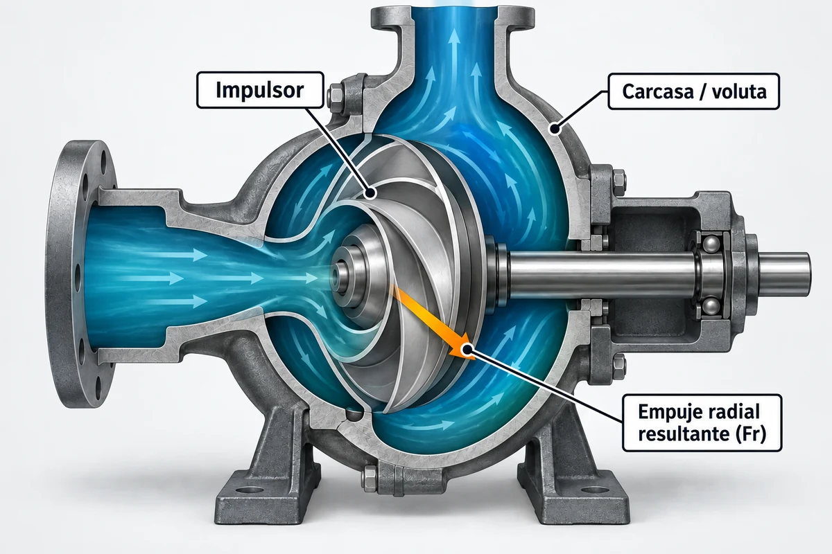 Corte conceptual de bomba centrífuga con etiquetas para impulsor, carcasa de voluta y empuje radial resultante Fr.
