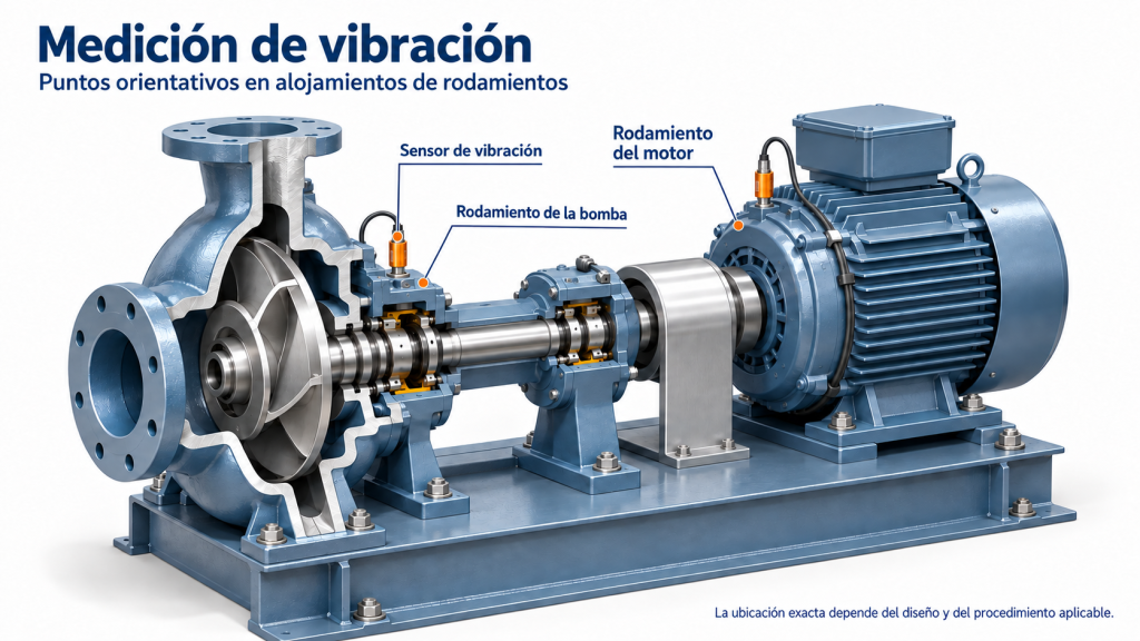 Ilustración de medición de vibración en una bomba centrífuga, con sensor y alojamientos de rodamientos identificados.