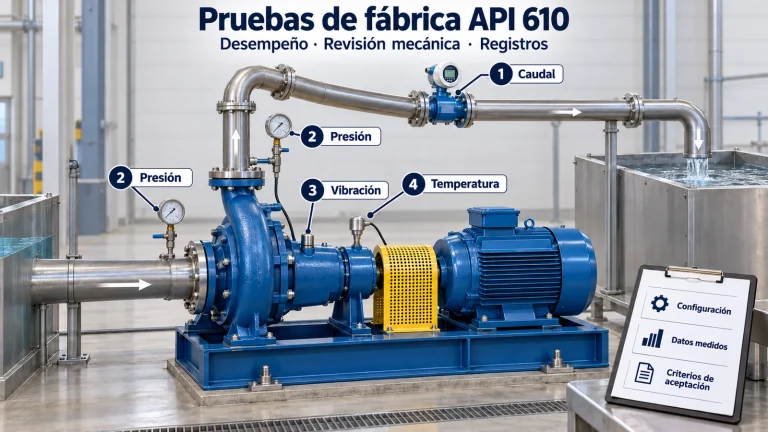 Ilustración de un banco de pruebas de bomba con caudalímetro, manómetros y sensores de vibración y temperatura identificados.
