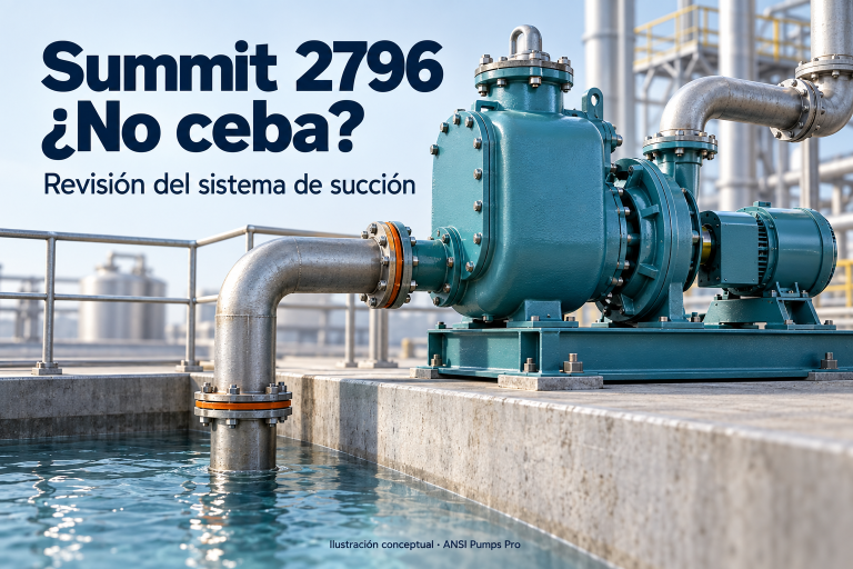 Ilustración conceptual de una bomba autocebante y tubería de succión junto a un depósito, para la guía Summit 2796 no ceba.