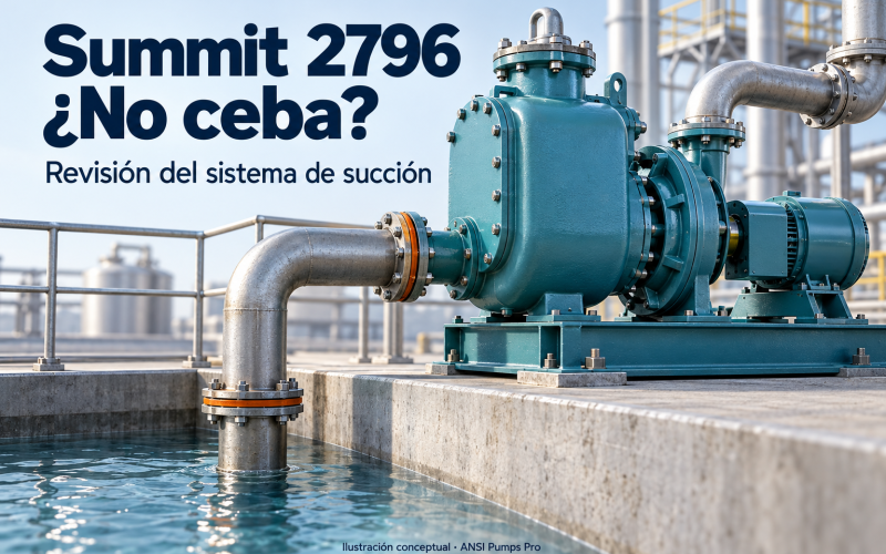 Ilustración conceptual de una bomba autocebante y tubería de succión junto a un depósito, para la guía Summit 2796 no ceba.