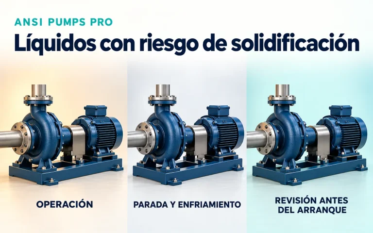 Líquidos con riesgo de solidificación: tres escenas conceptuales de operación, parada y enfriamiento, y revisión antes del arranque, en un encuadre horizontal completo
