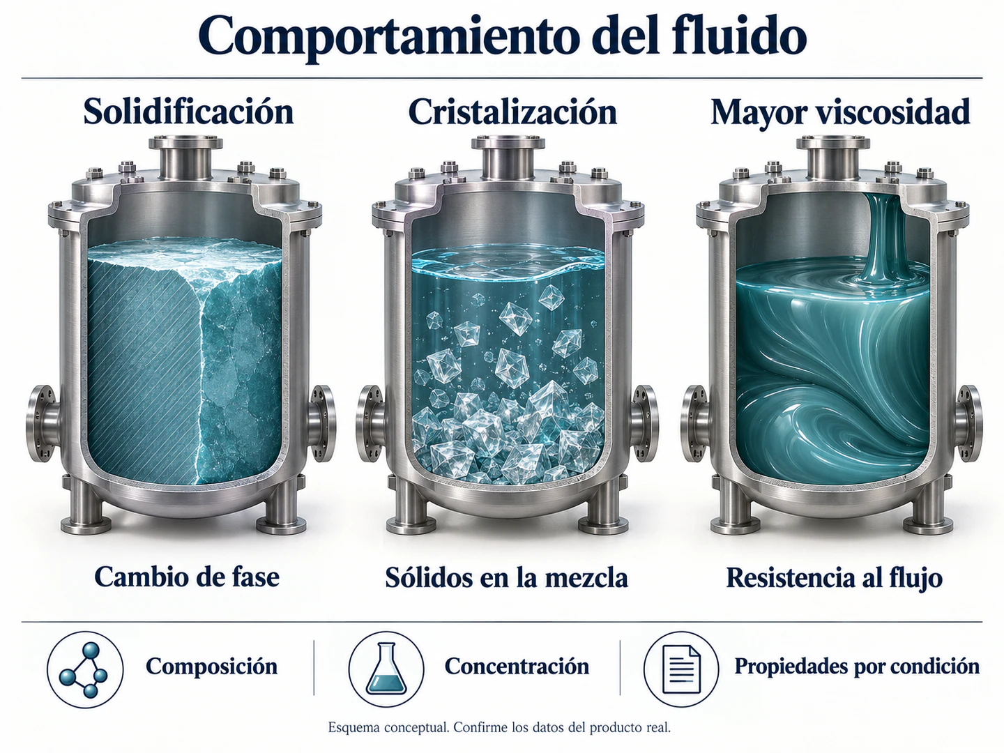 Tres fenómenos: solidificación como cambio de fase, cristalización con sólidos en la mezcla y mayor viscosidad como resistencia al flujo