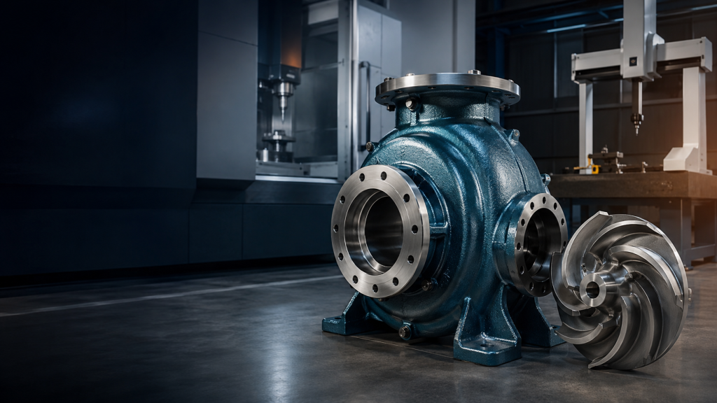 Finished pump casing and machined impeller in a precision machining workshop